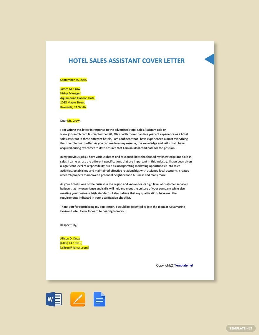 Hotel Sales Assistant Cover Letter Template
