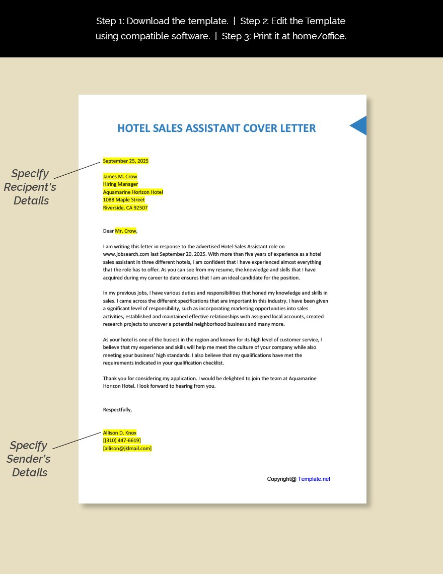 Hotel Sales Assistant Cover Letter Template