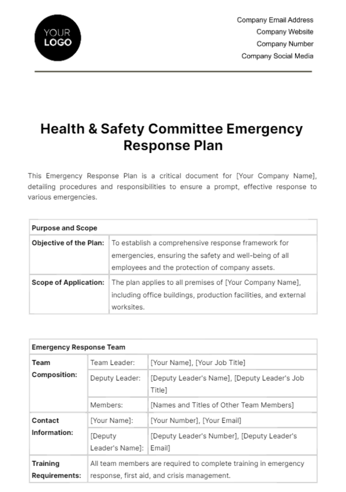 Health & Safety Committee Emergency Response Plan Template - Edit Online & Download