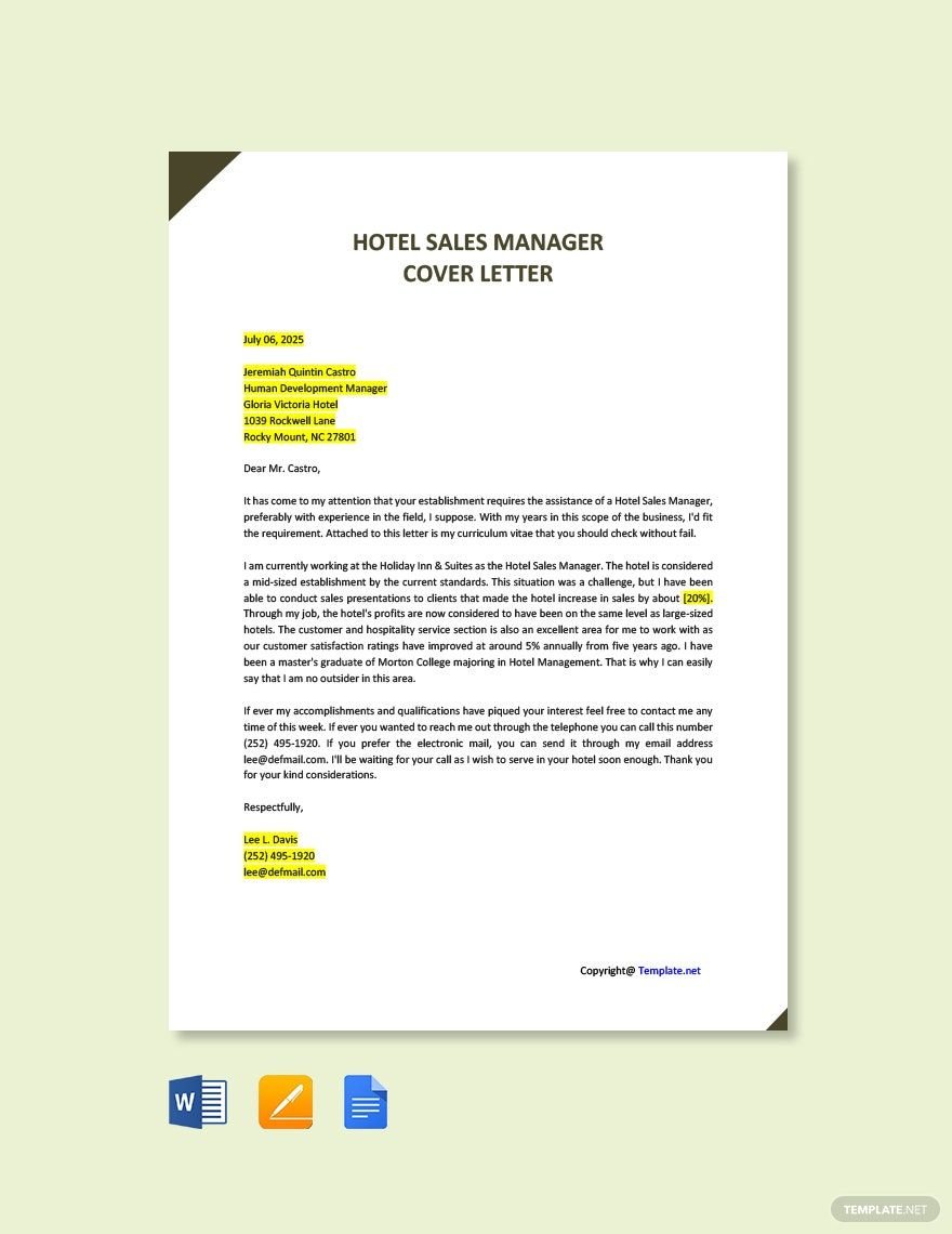 Hotel Sales Manager Cover Letter Template