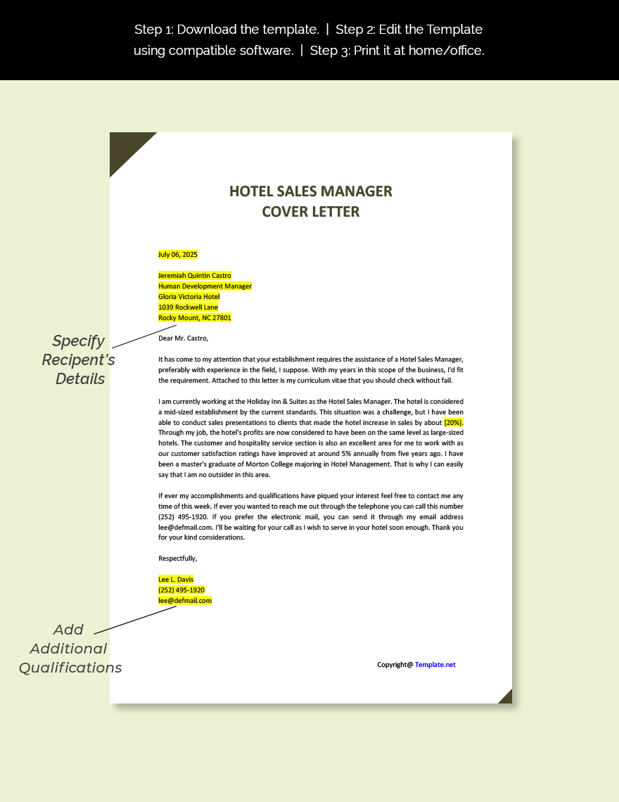 Hotel Sales Manager Cover Letter Template