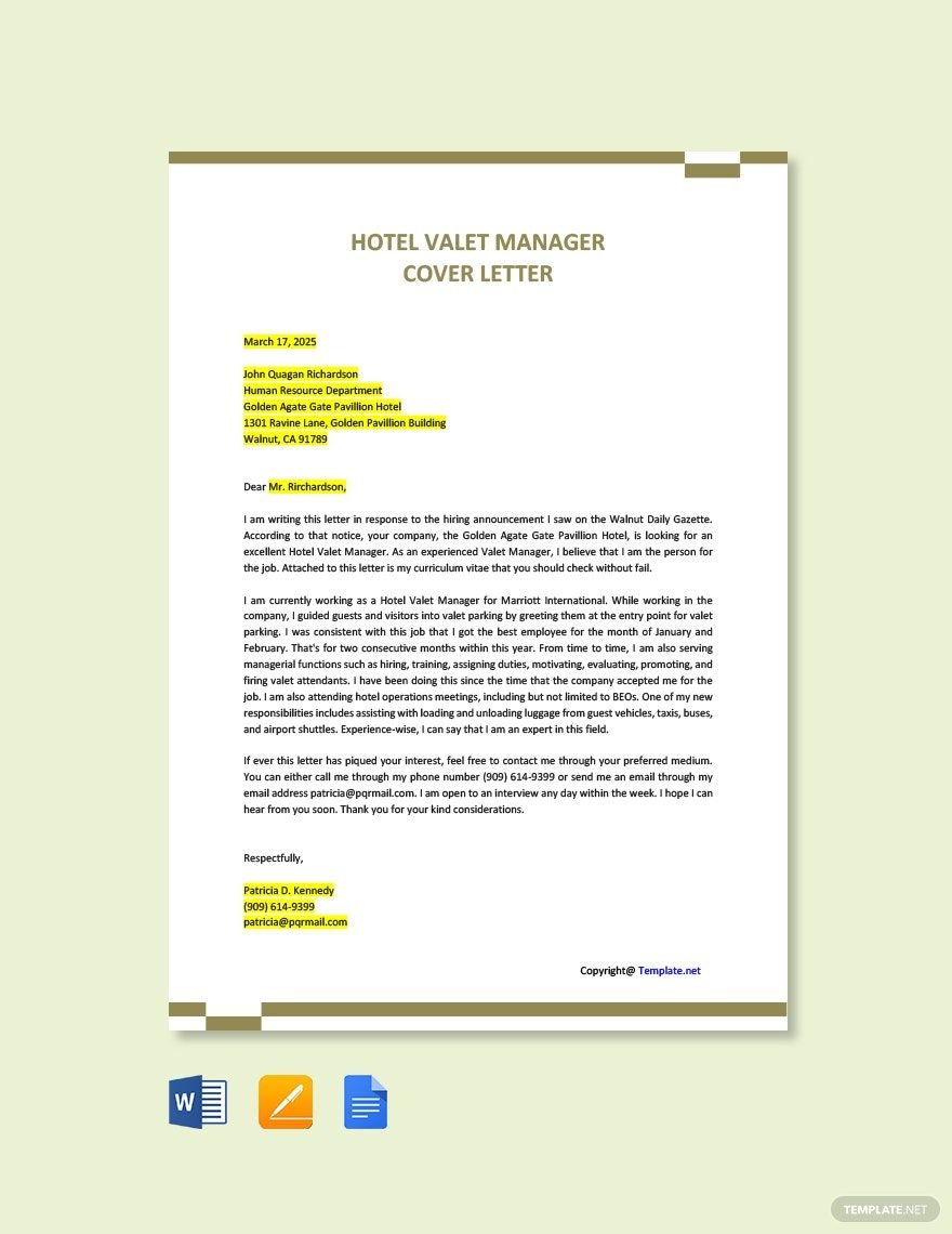 Hotel Valet Manager Cover Letter Template