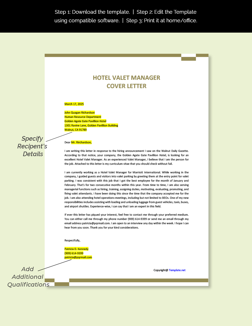 Hotel Valet Manager Cover Letter Template