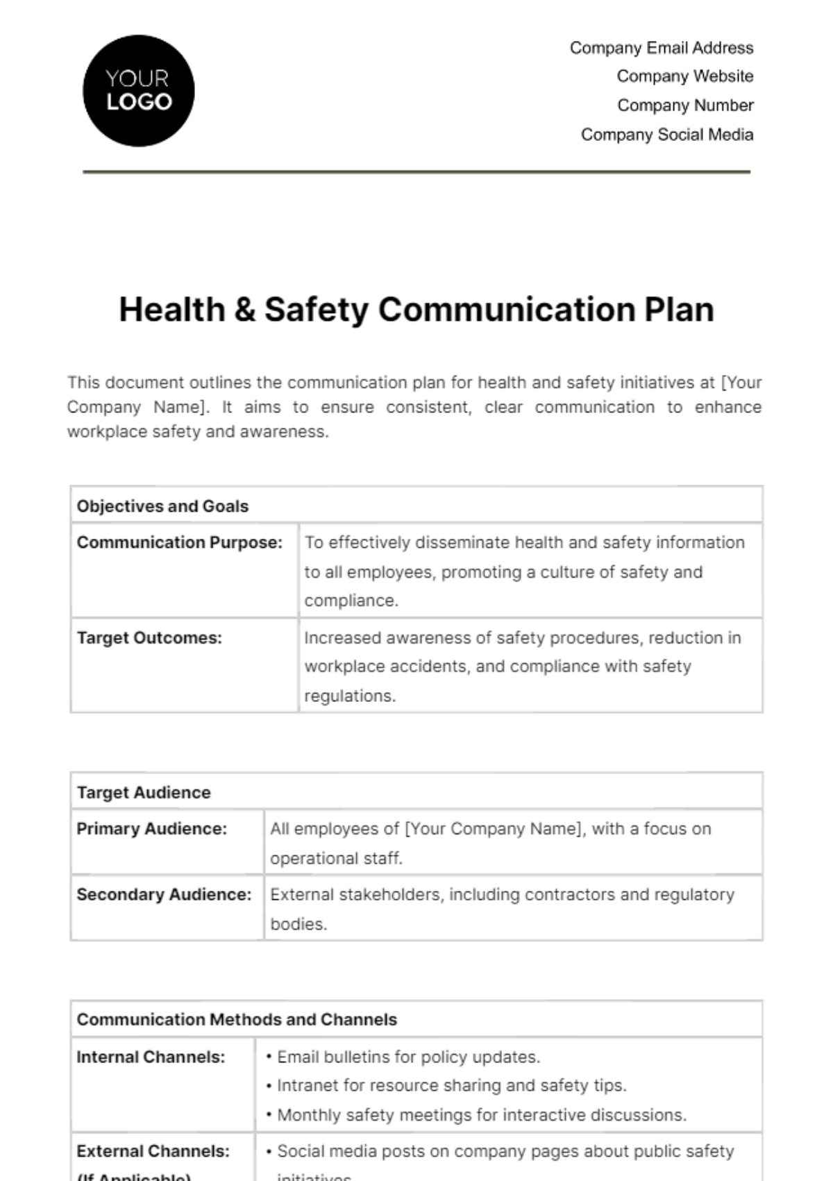 Health & Safety Communication Plan Template