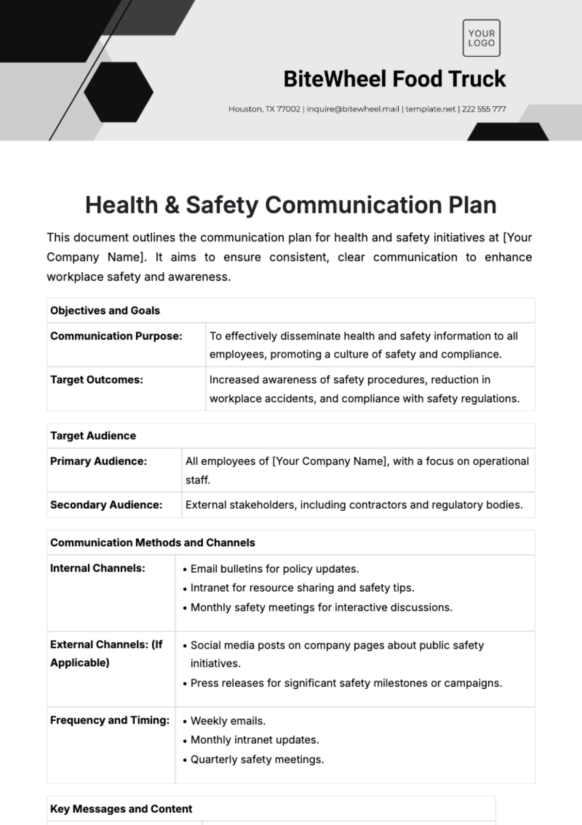 Free Health %26 Safety Communication Plan Template