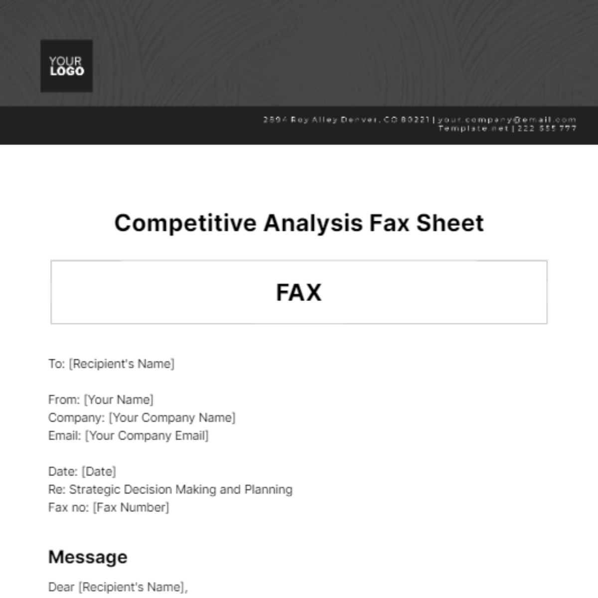 Competitive Analysis Fax Sheet Template