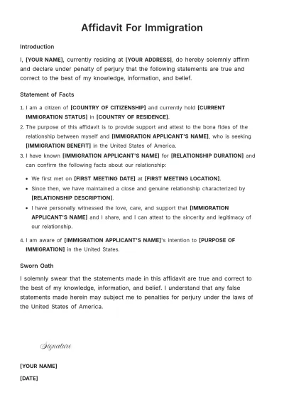 Free Affidavit For Immigration Template to Edit Online