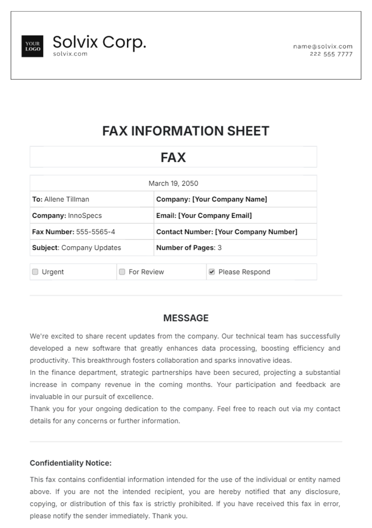 Fax Information Sheet Template