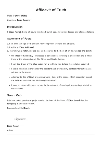 Free Affidavit of Truth Template to Edit Online