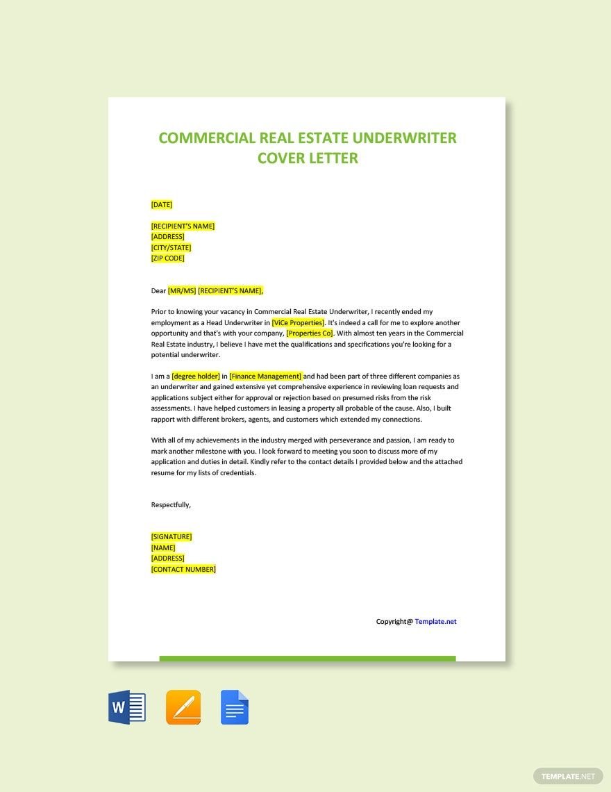 Commercial Real Estate Underwriter Cover Letter Template