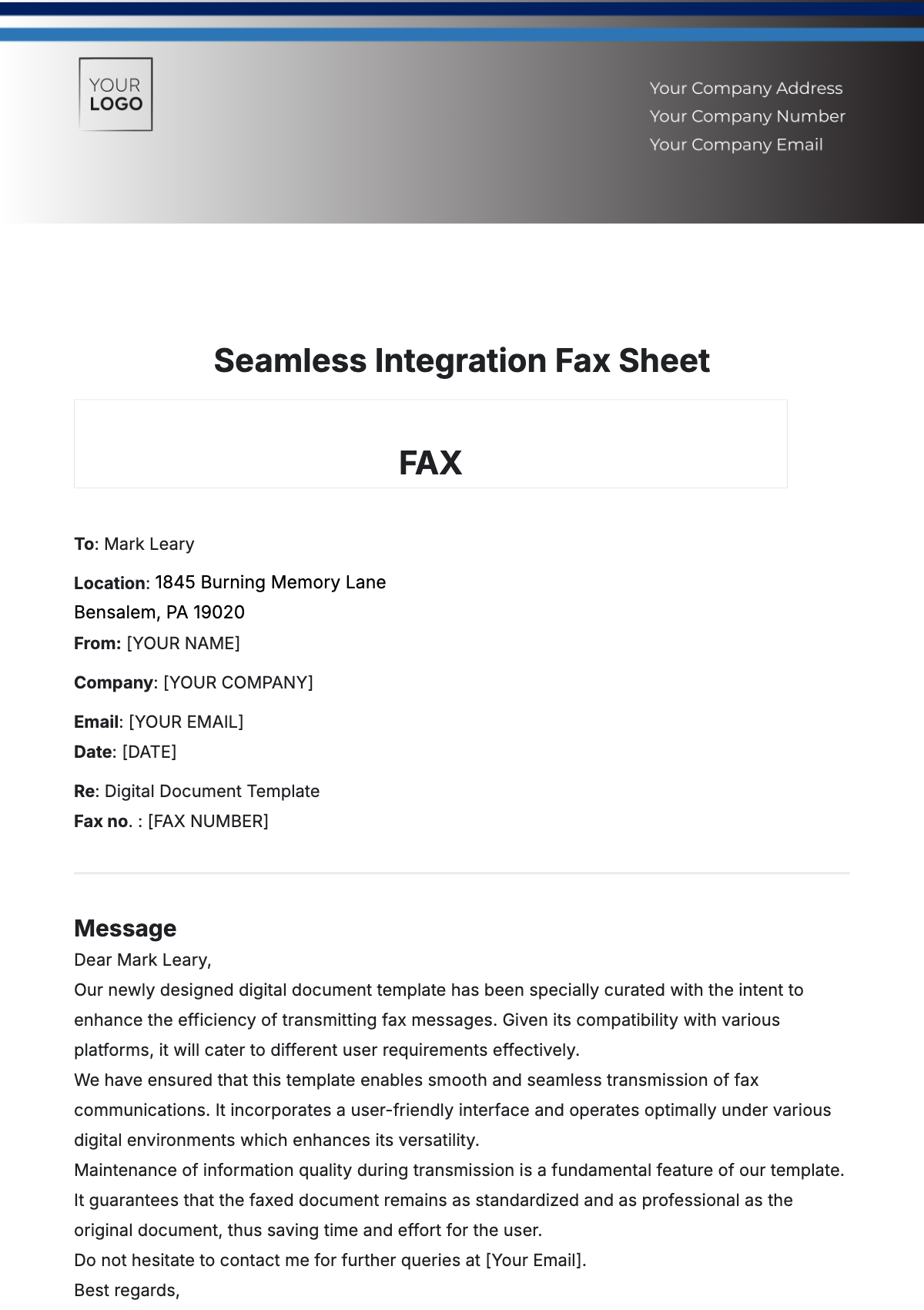 Seamless Integration Fax Sheet Template - Edit Online & Download