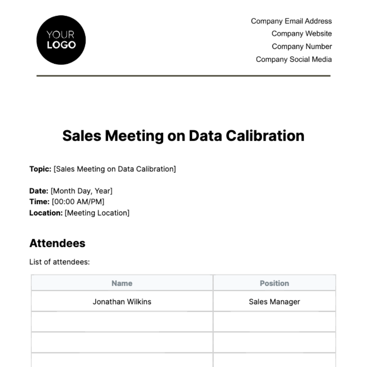 Sales Minute on Data Calibration Template