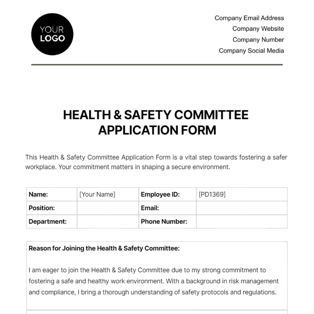 Free Health & Safety Committee Application Form Template