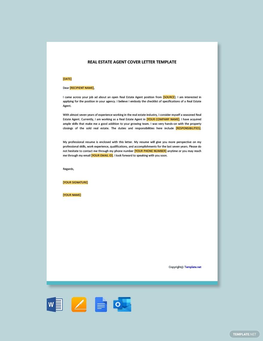 Real Estate Agent Cover Letter in Word, Google Docs, PDF, Apple Pages