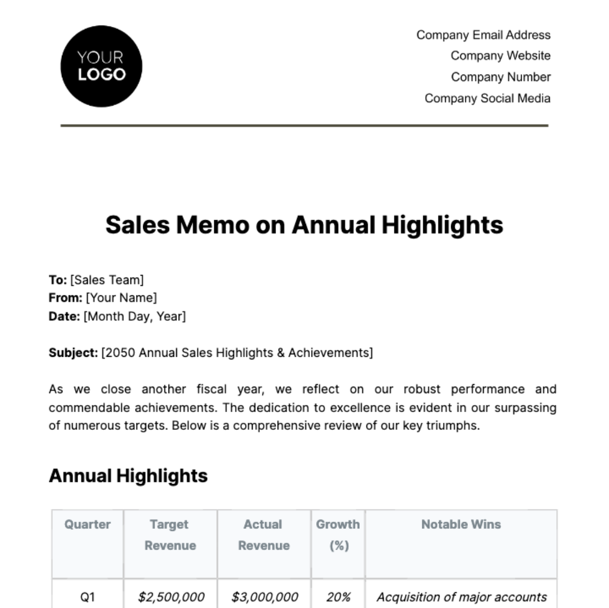 Free Sales Memo on Annual Highlights Template