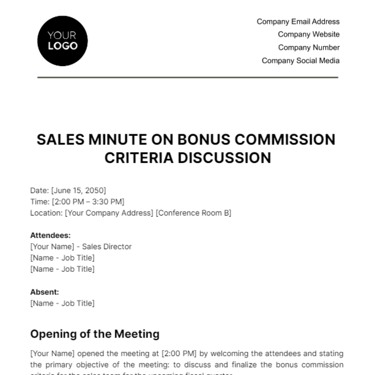 Sales Minute on Bonus Commission Criteria Discussion Template