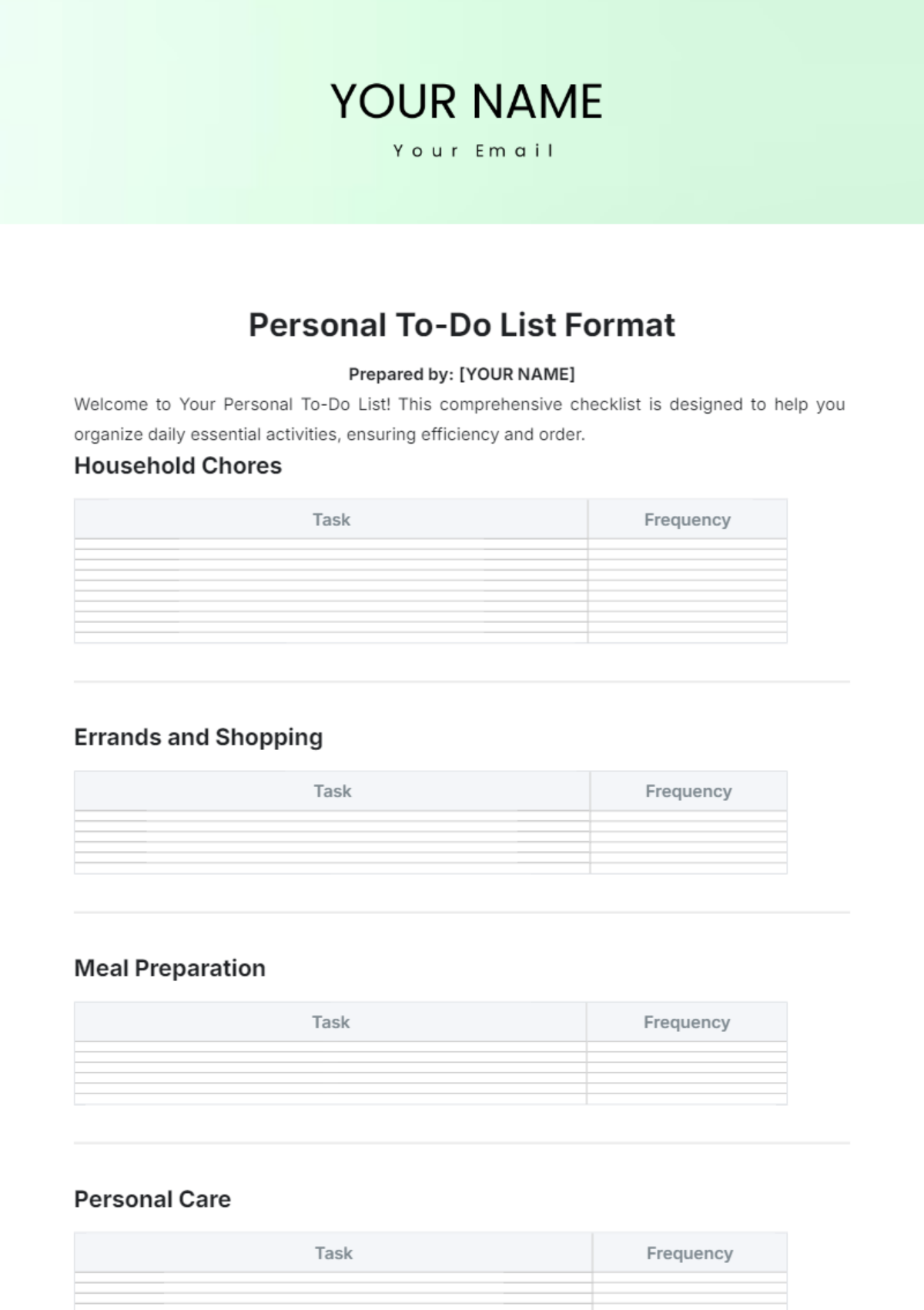 Personal To Do List Format Template