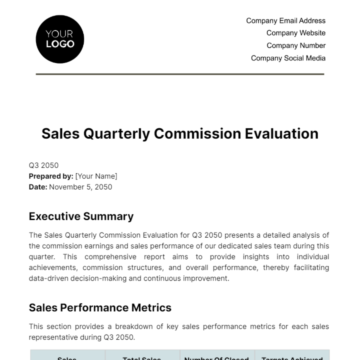 Free Sales Quarterly Commission Evaluation Template