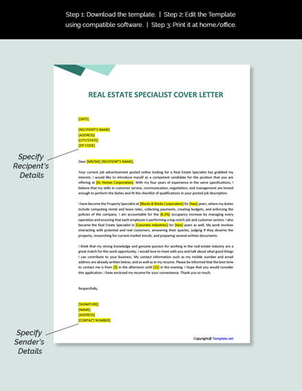 Free Real Estate Specialist Cover Letter Template