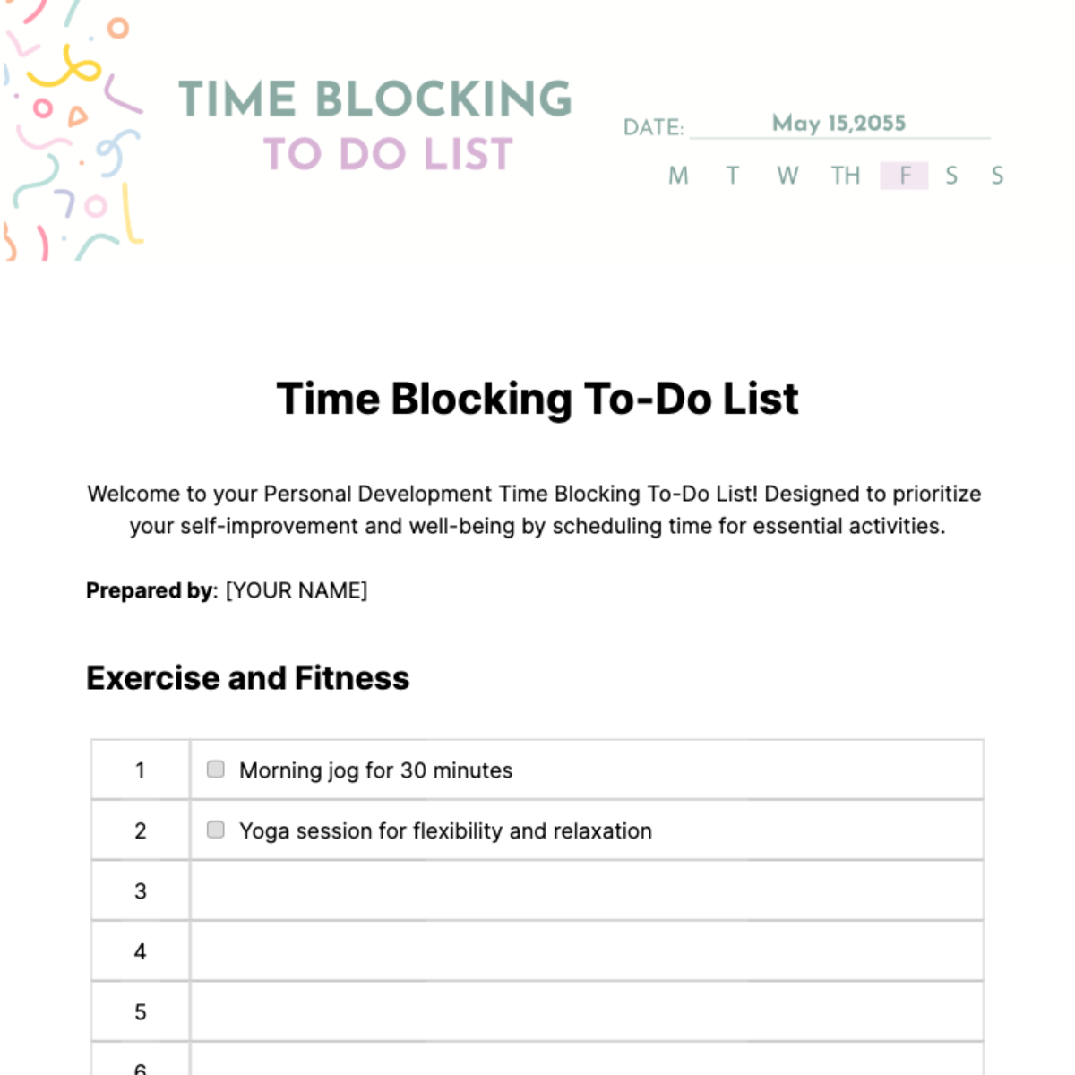 Time Blocking To Do List Template