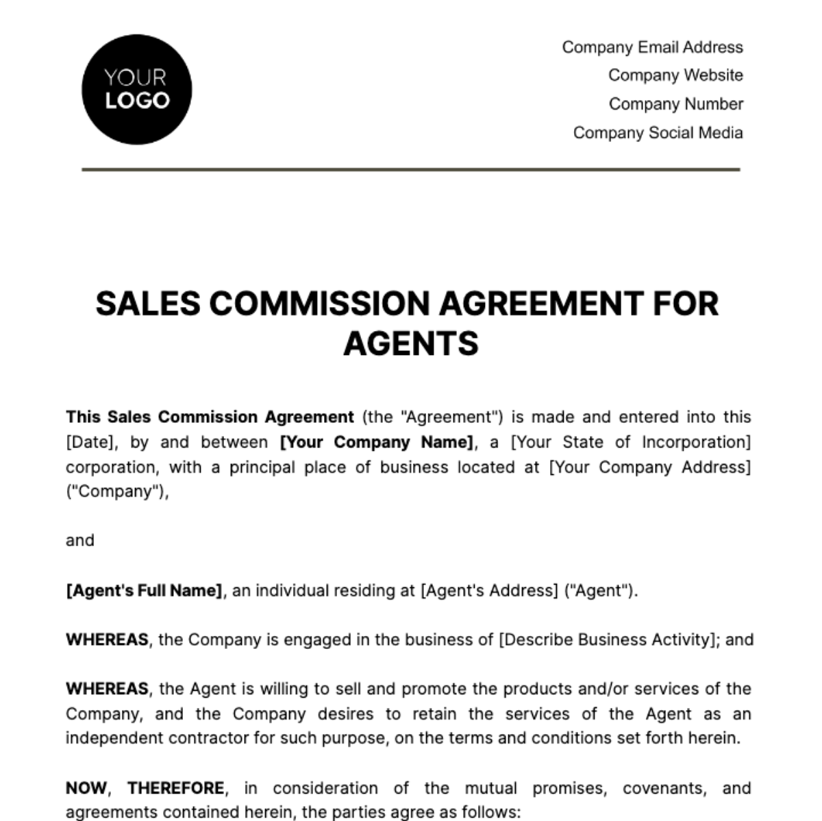 Sales Commission Agreement for Agents Template