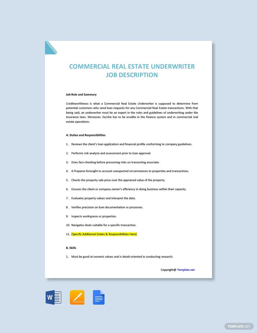 Commercial Real Estate Underwriter Job Ad and Description Template