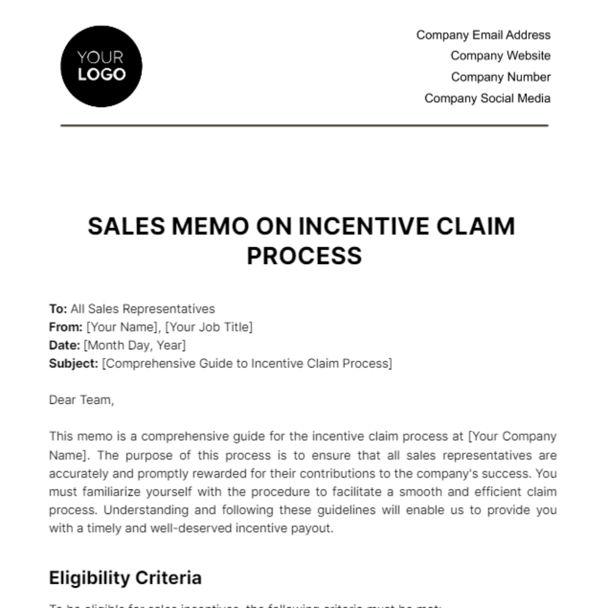 Sales Memo on Incentive Claim Process Template