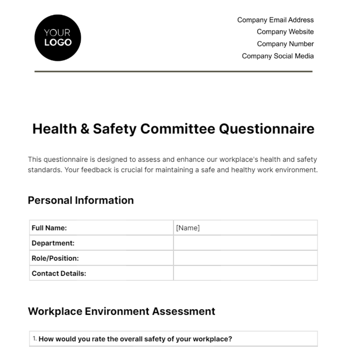 Free Health & Safety Committee Questionnaire Template