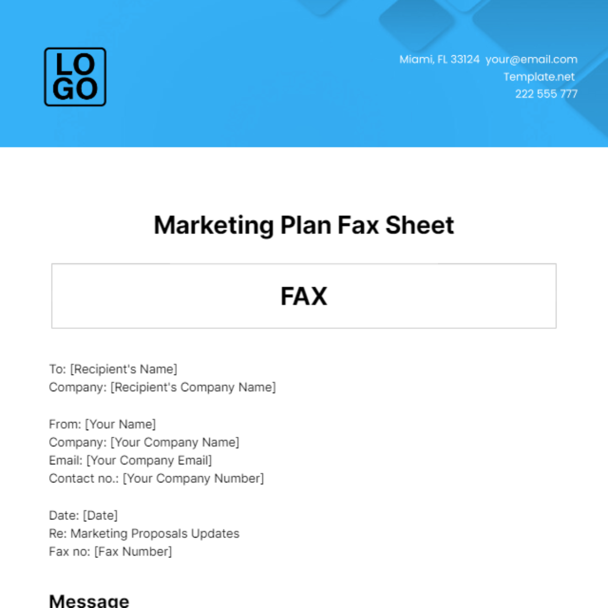 Marketing Plan Fax Sheet Template