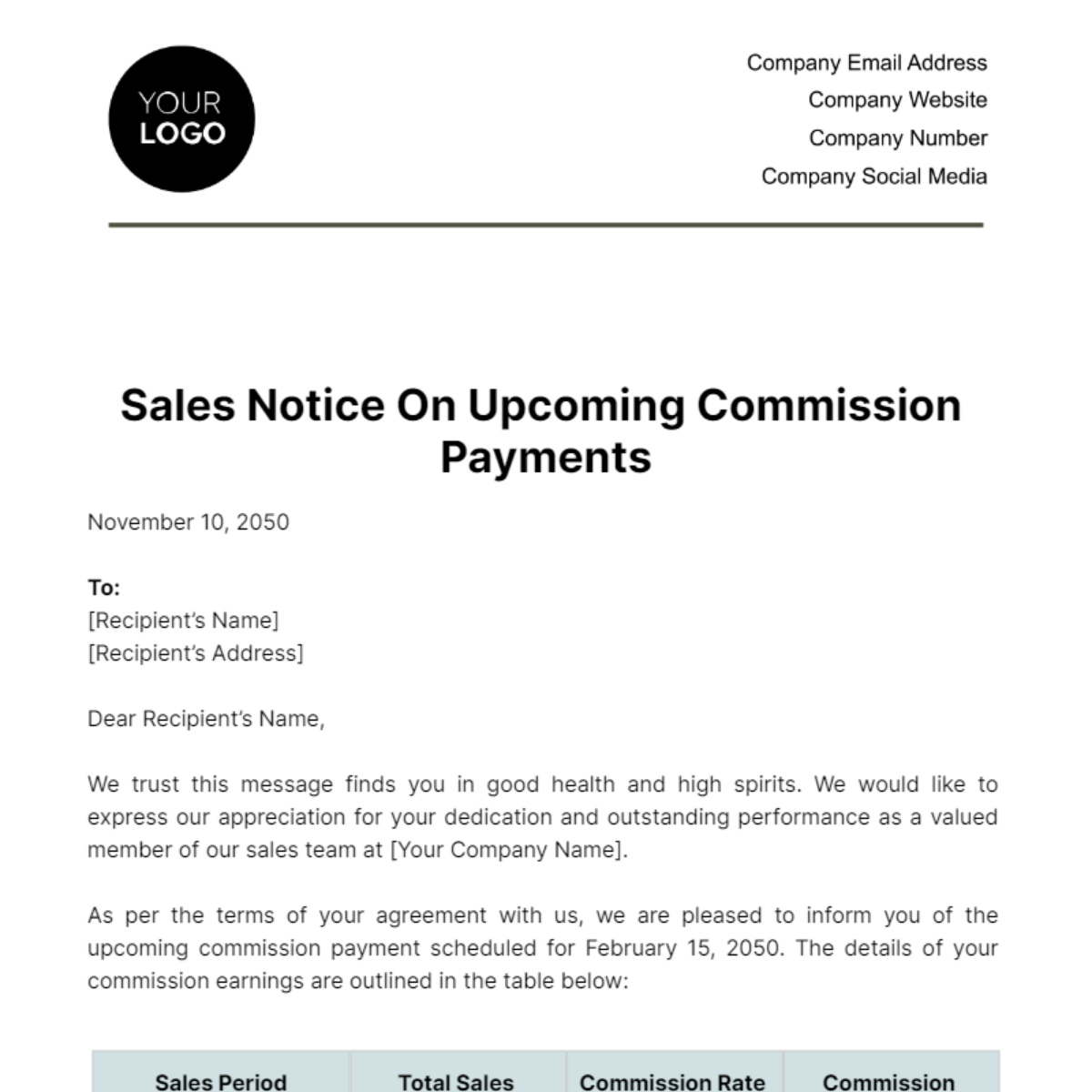 Free Sales Notice on Upcoming Commission Payments Template