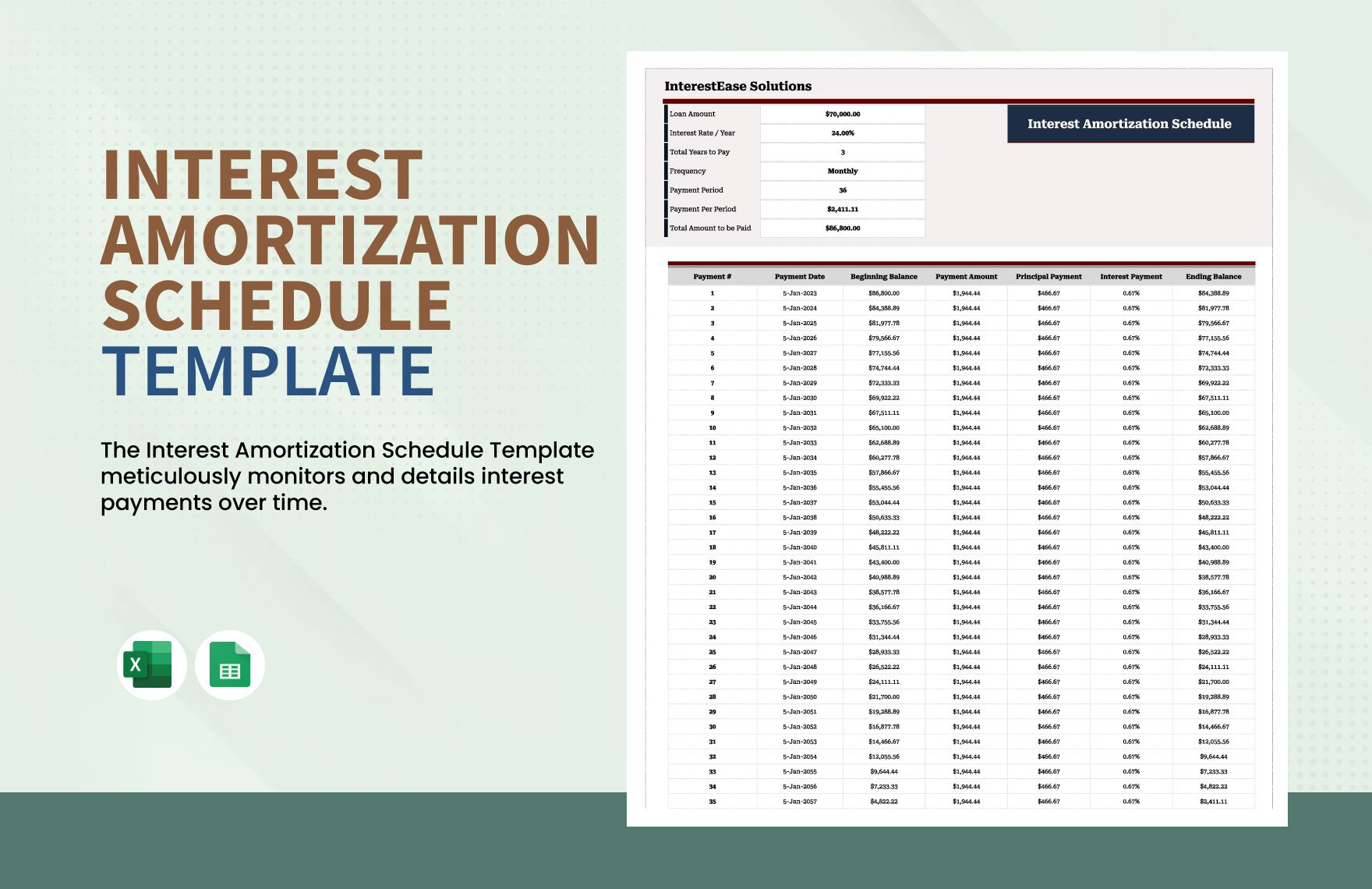 Interest Amortization Schedule Template in Excel, Google Sheets