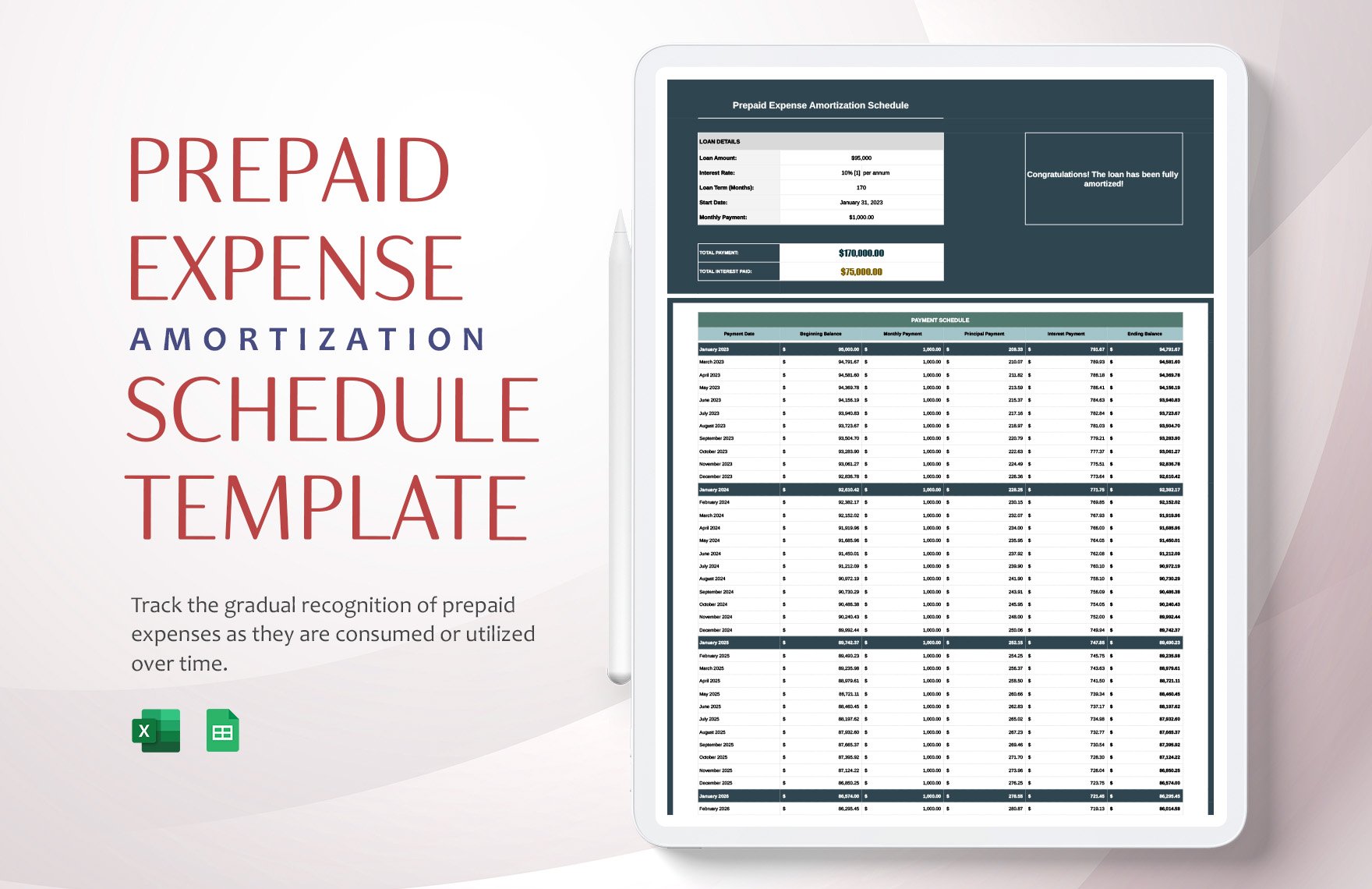 Prepaid Expense Amortization Schedule Template in Excel, Google Sheets