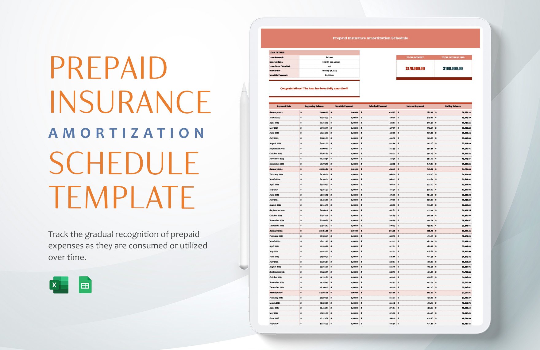 Prepaid Insurance Amortization Schedule Template in Excel, Google Sheets