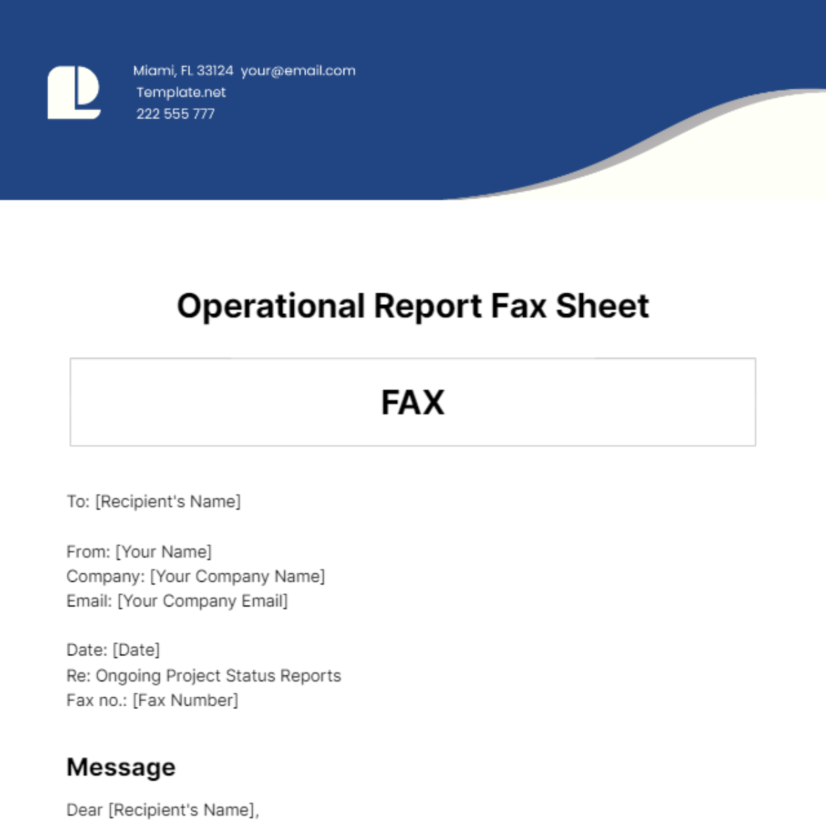 Operational Report Fax Sheet Template