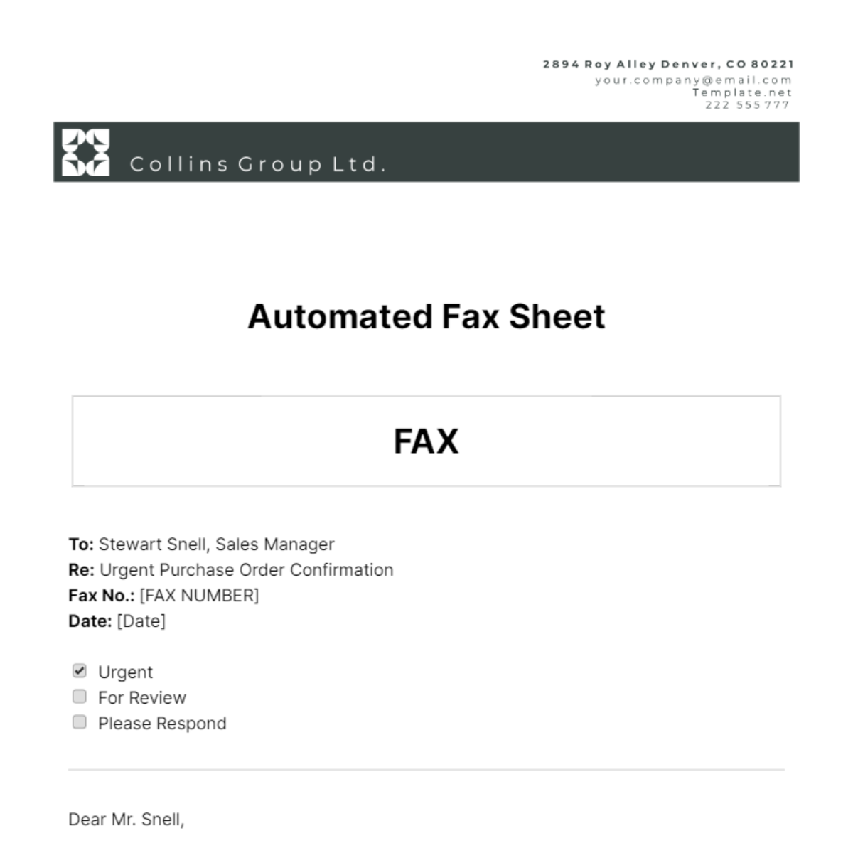 Automated Fax Sheet Template