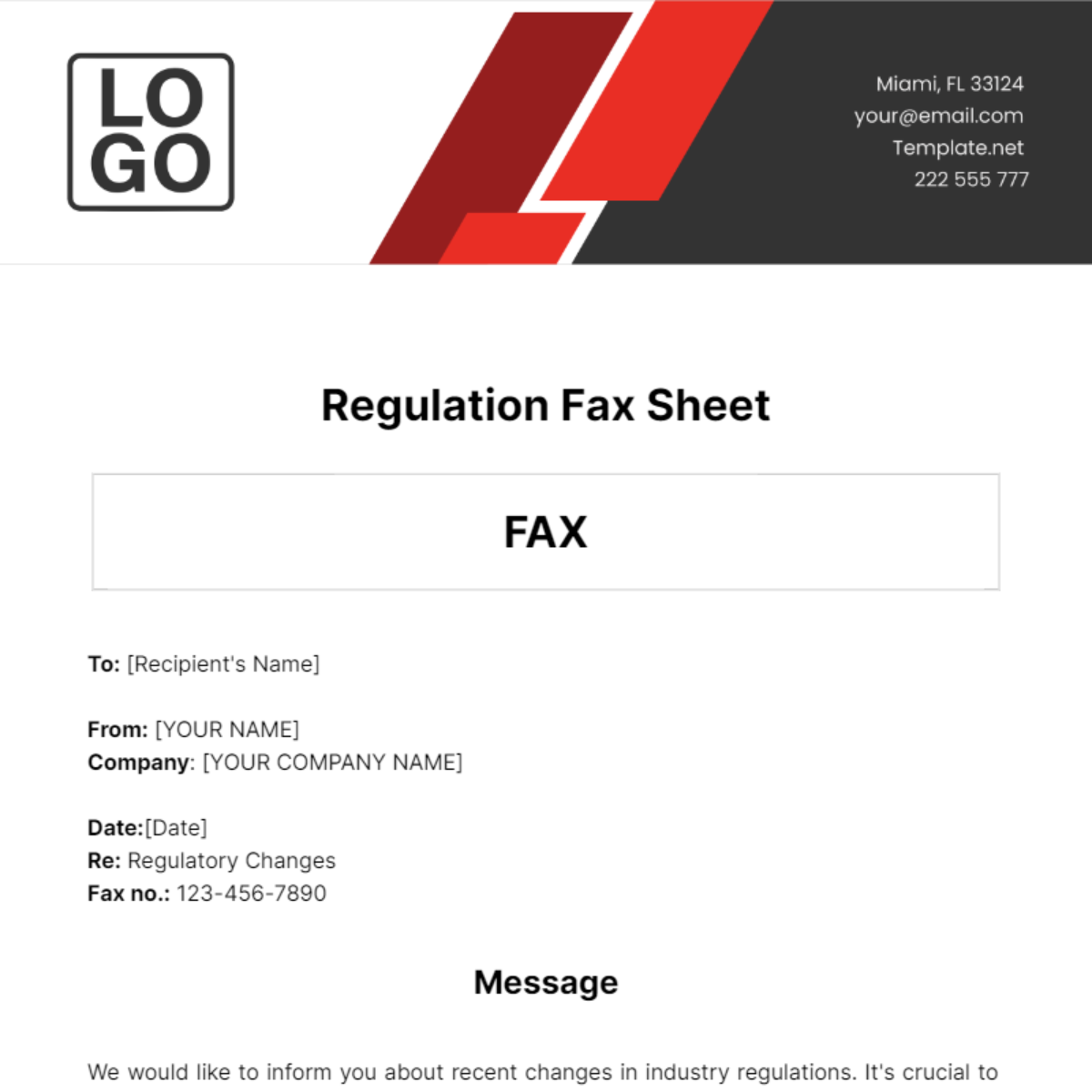 Regulation Fax Sheet Template
