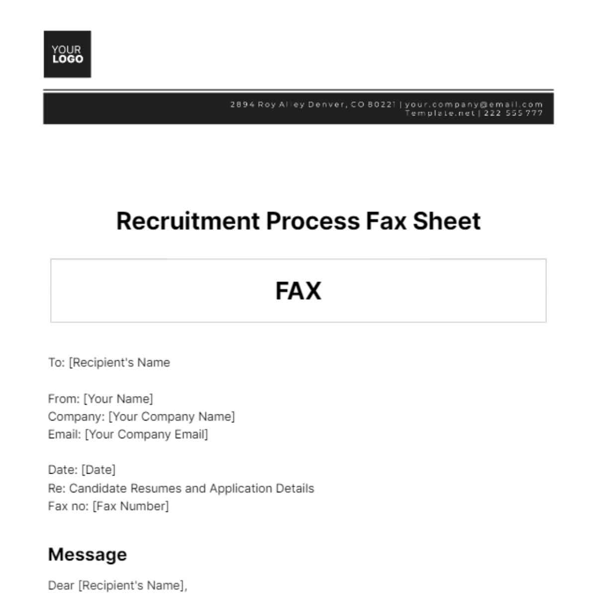 Free Recruitment Process Fax Sheet Template