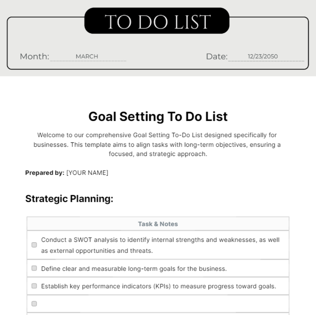 Goal Setting To Do List Template