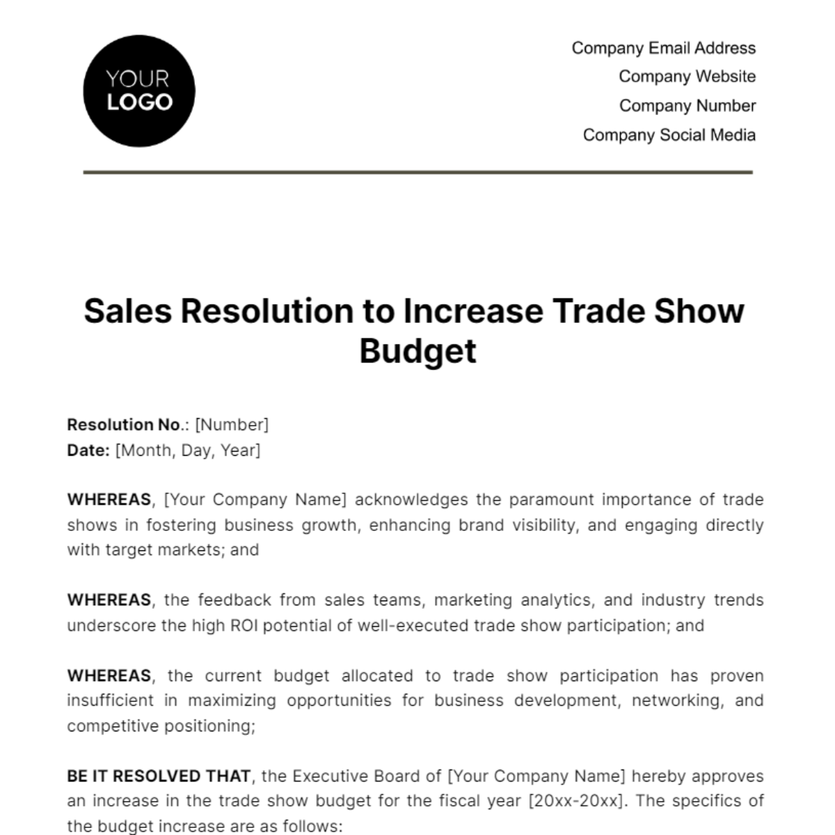 Free Sales Resolution to Increase Trade Show Budget Template