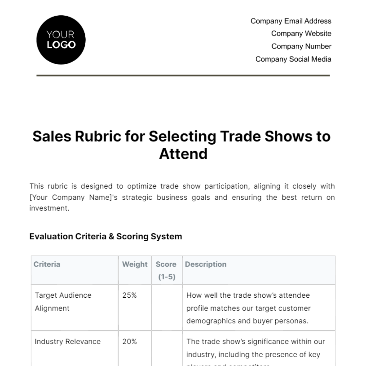 Sales Rubric for Selecting Trade Shows to Attend Template