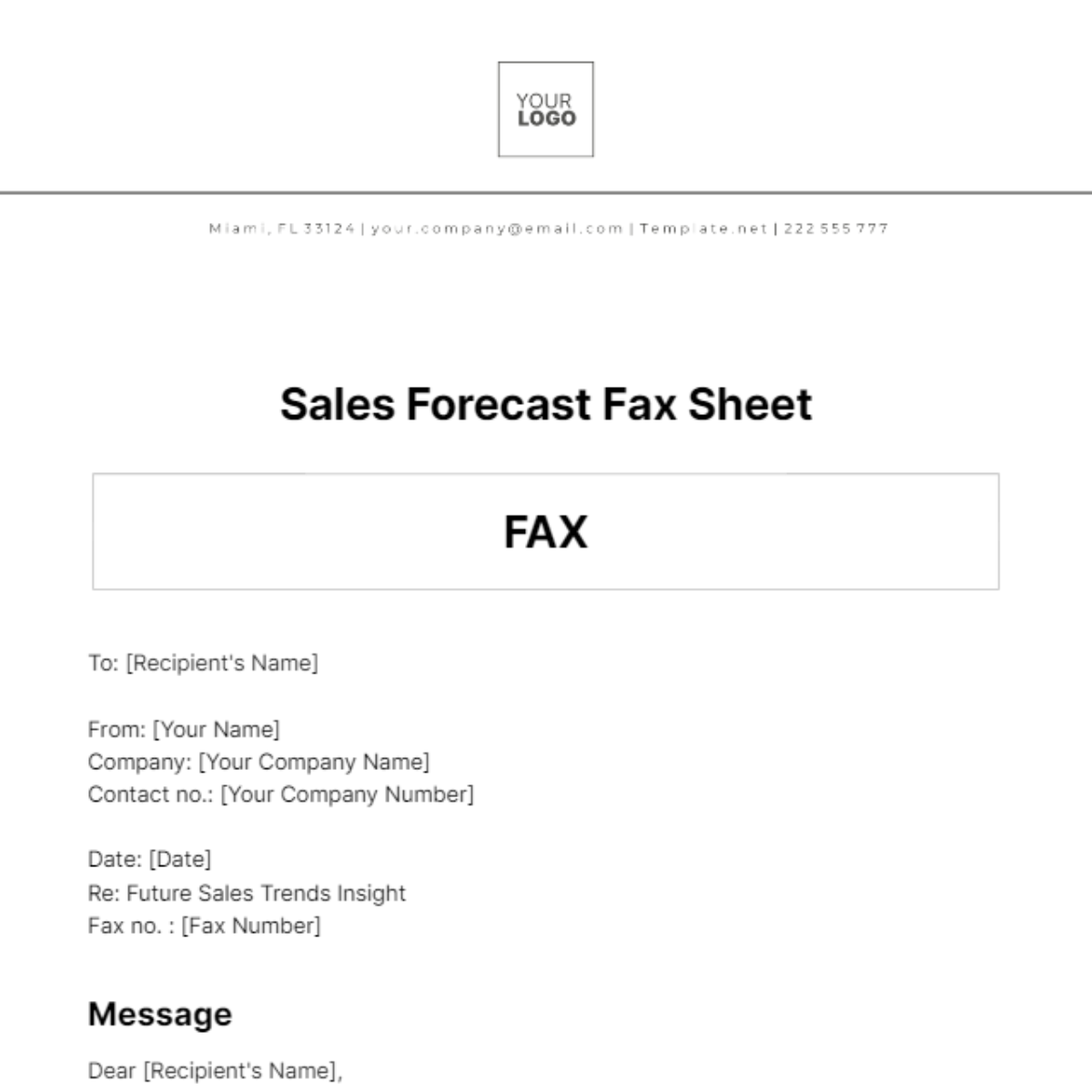 Free Sales Forecast Fax Sheet Template