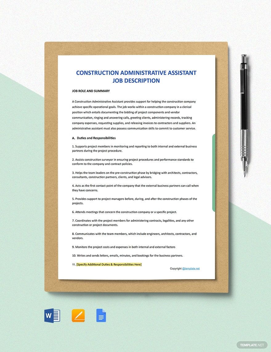 Construction Administrative Assistant Job Ad/Description Template