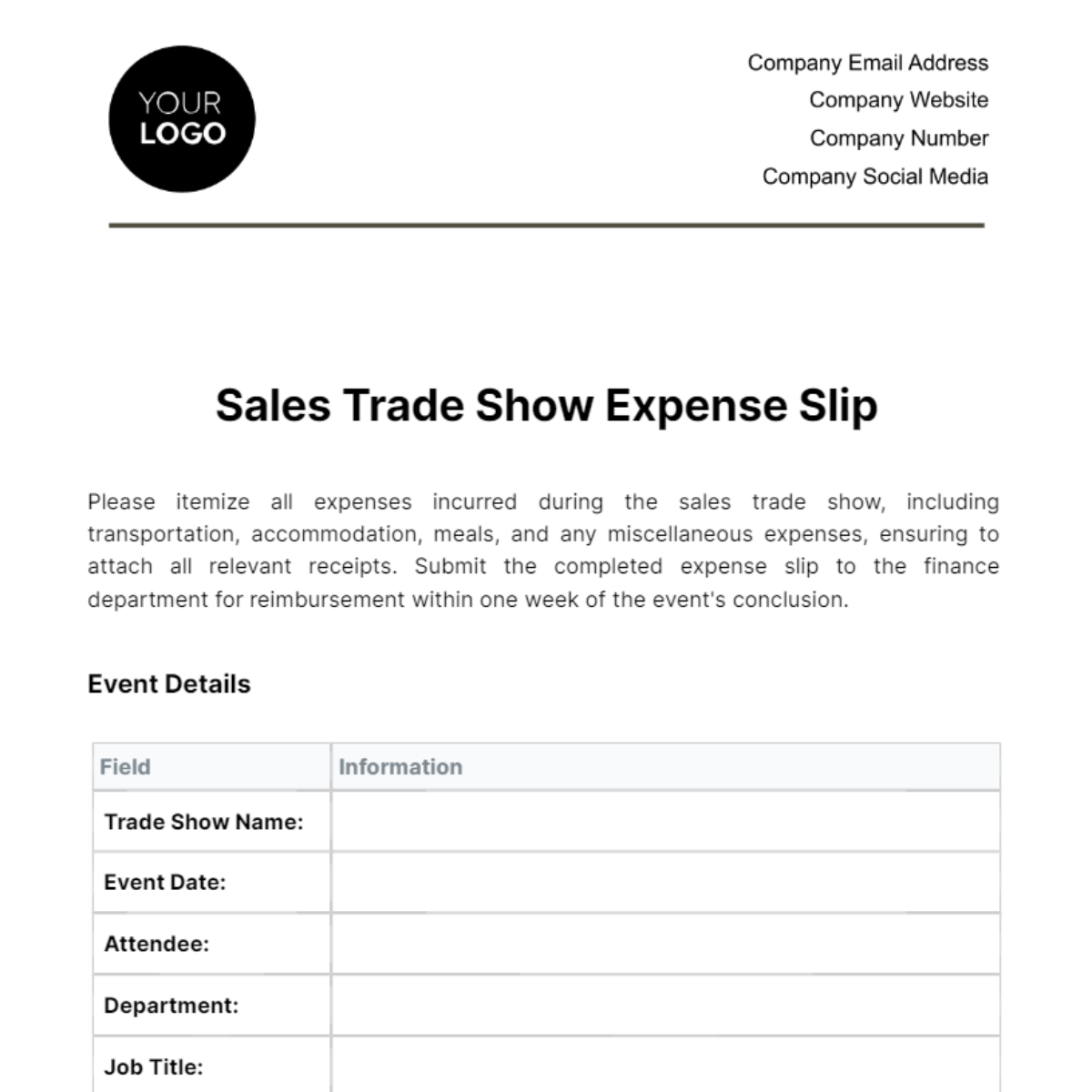 Sales Trade Show Expense Slip Template