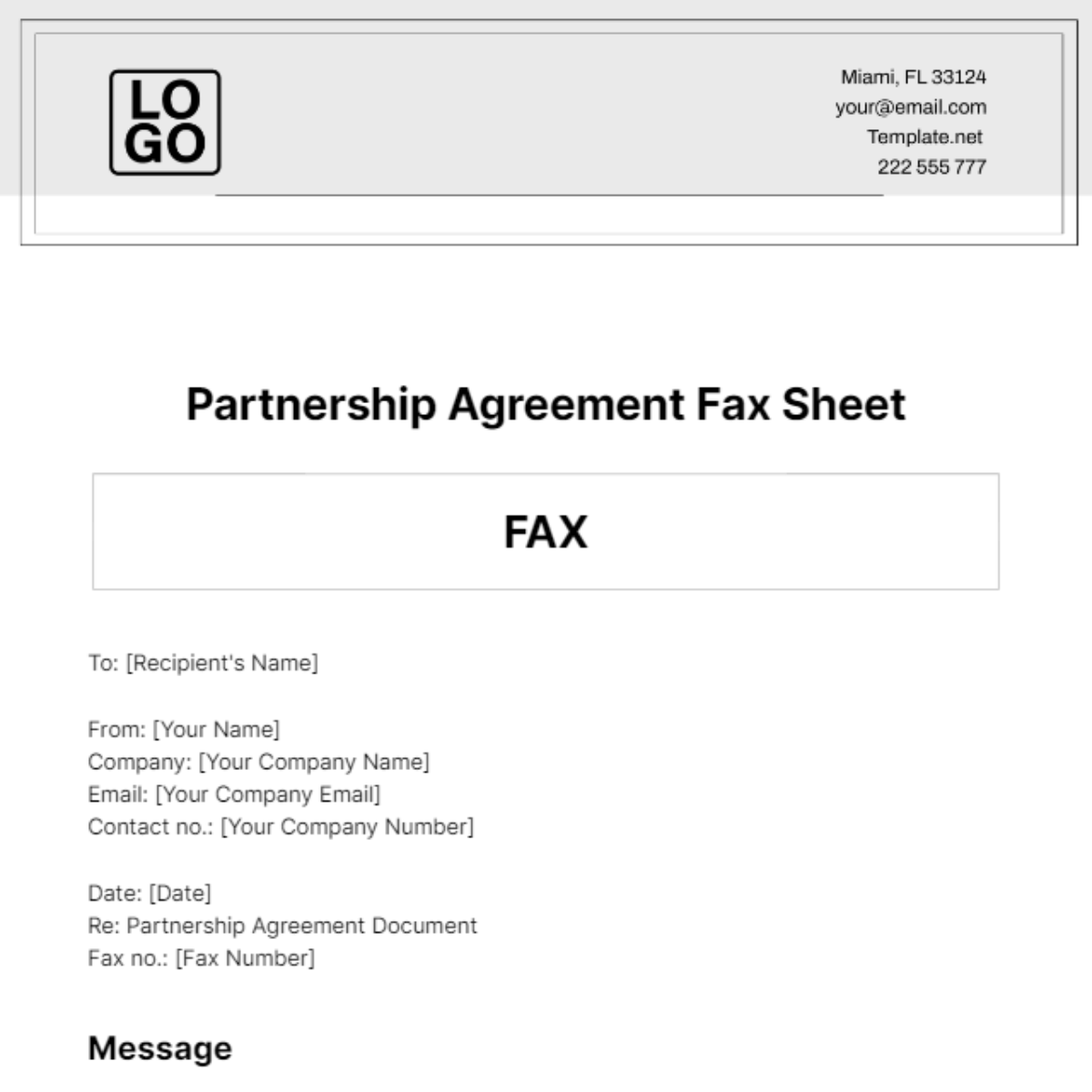 Partnership Agreement Fax Sheet Template