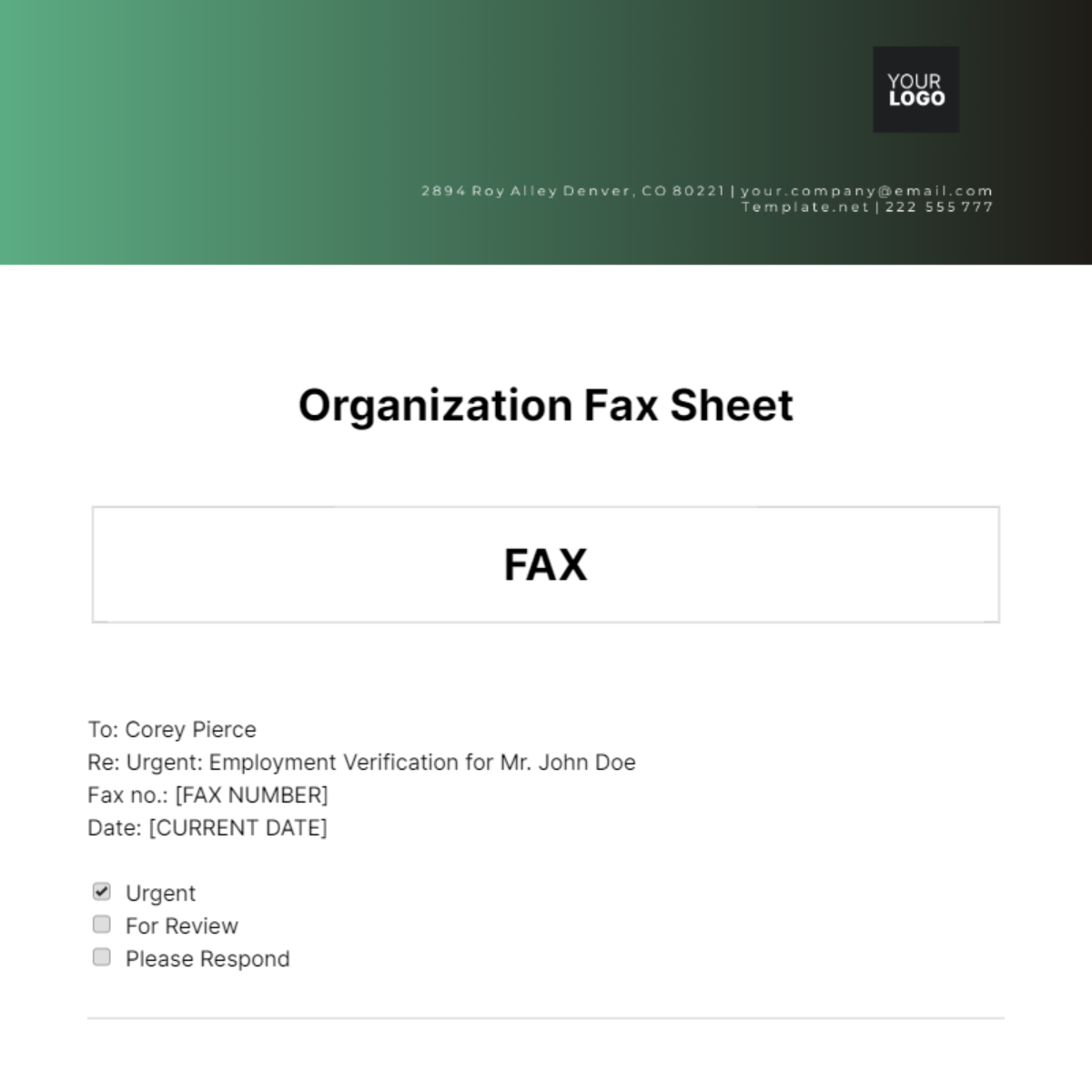 Organization Fax Sheet Template