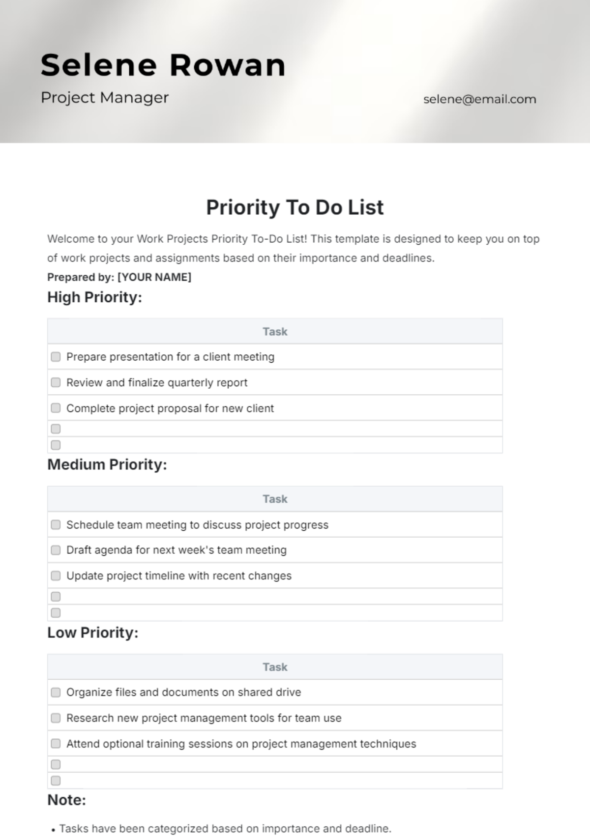 Priority To Do List Template