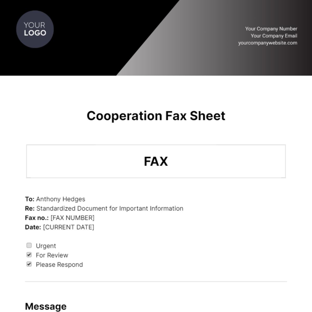 Cooperation Fax Sheet Template