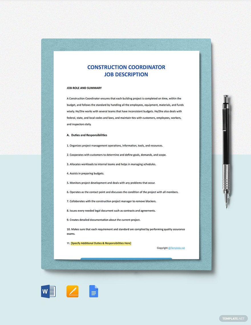 Construction Coordinator Job Ad and Description Template