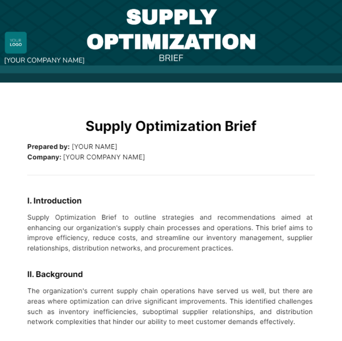 Free Supply Optimization Brief Template