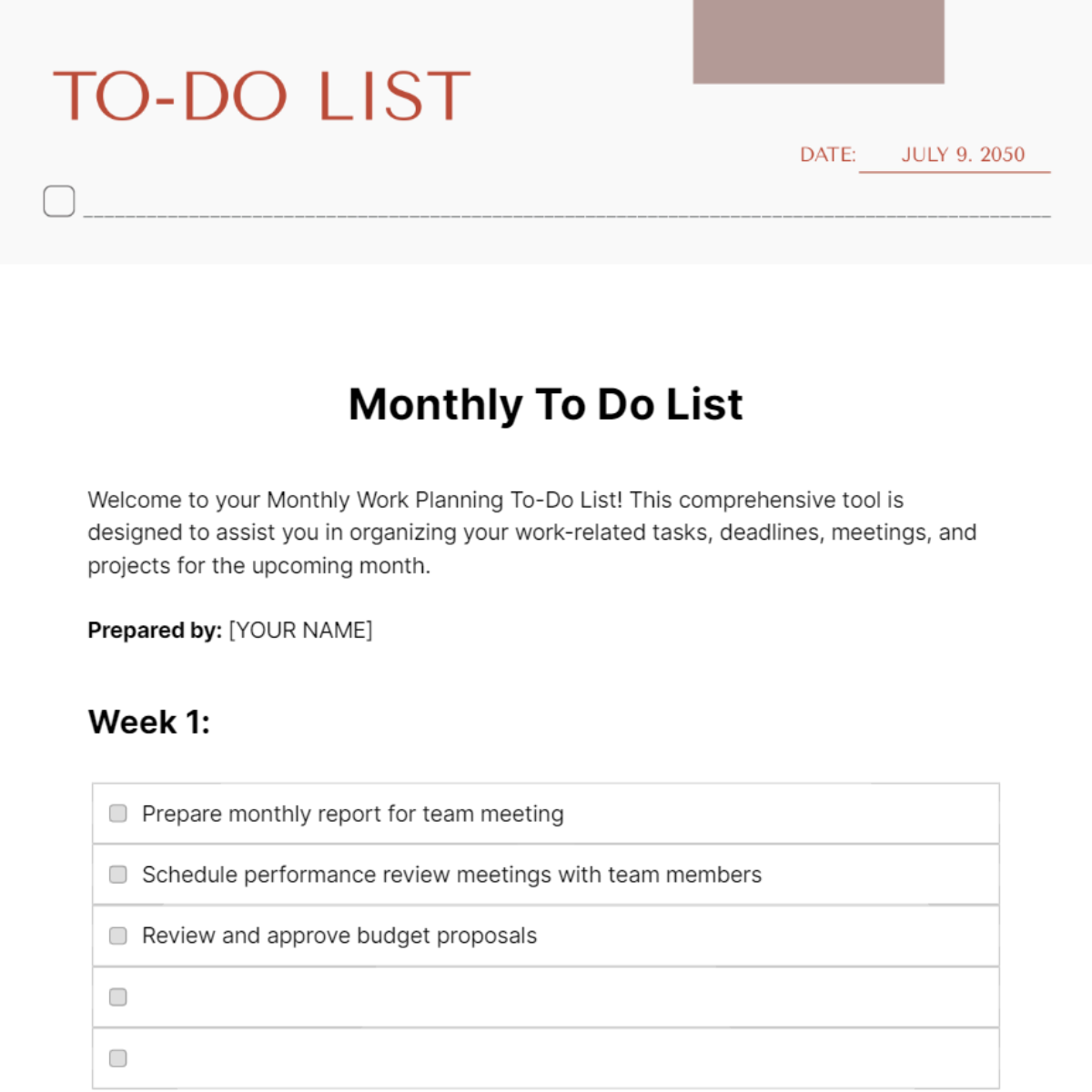 Free Monthly To Do List Template